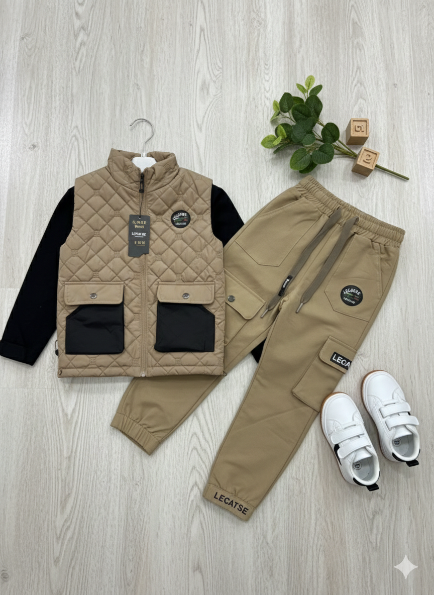 Ensemble garçon tendance avec gilet matelassé et pantalon cargo – Style moderne et confortable