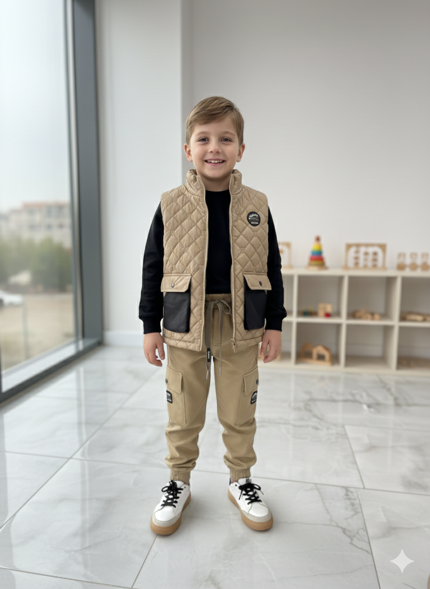 Ensemble garçon tendance avec gilet matelassé et pantalon cargo – Style moderne et confortable