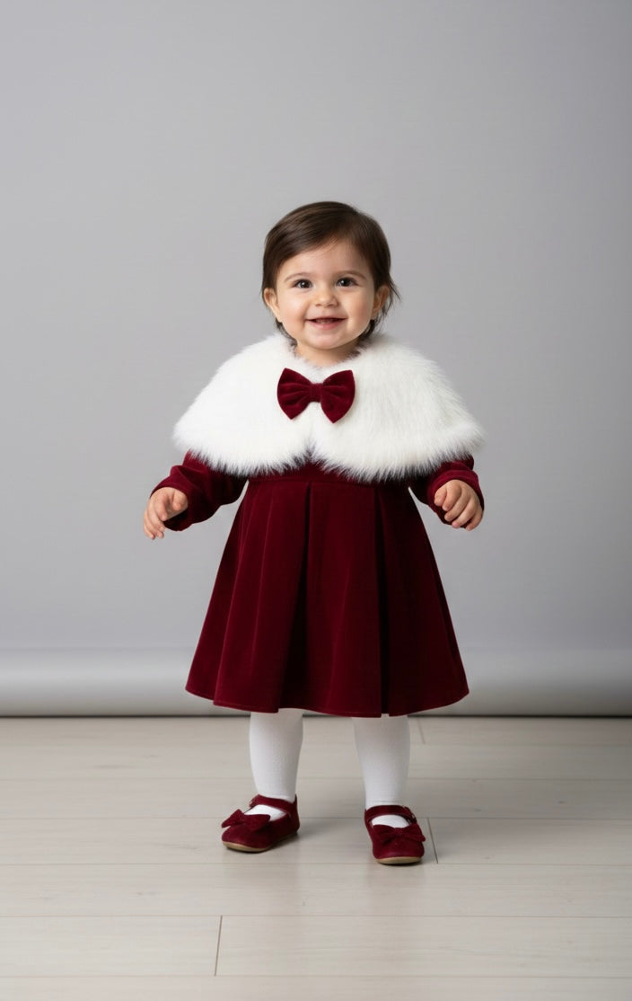 Robe Bébé en Velours avec Col en Fausse Fourrure – Élégance Royale