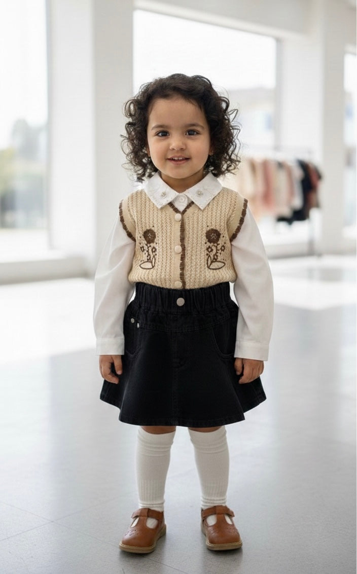 Ensemble élégant pour fille : chemise, gilet tricoté et jupe – Style chic et moderne