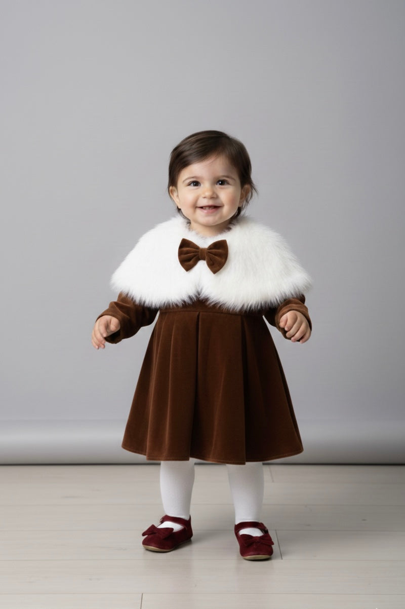 Robe Bébé en Velours avec Col en Fausse Fourrure – Élégance Royale
