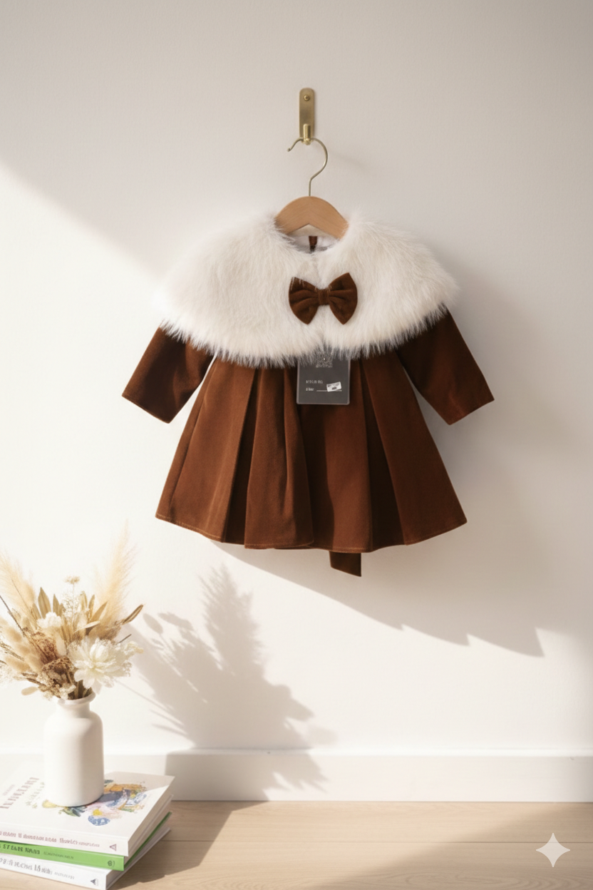Robe Bébé en Velours avec Col en Fausse Fourrure – Élégance Royale